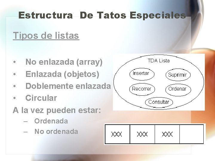 Estructura De Tatos Especiales Tipos de listas • No enlazada (array) • Enlazada (objetos)