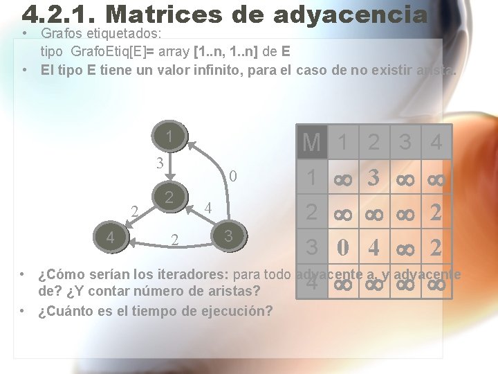 4. 2. 1. Matrices de adyacencia • Grafos etiquetados: tipo Grafo. Etiq[E]= array [1.