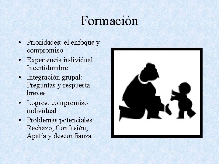 Formación • Prioridades: el enfoque y compromiso • Experiencia individual: Incertidumbre • Integración grupal: