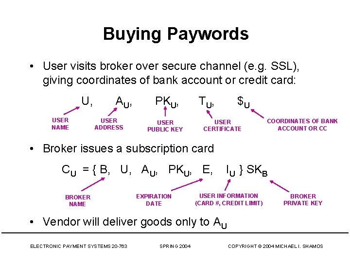Buying Paywords • User visits broker over secure channel (e. g. SSL), giving coordinates