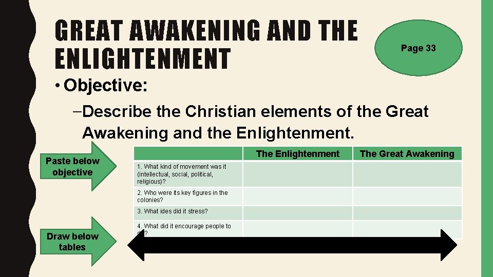 GREAT AWAKENING AND THE ENLIGHTENMENT Page 33 • Objective: –Describe the Christian elements of