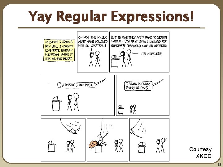 Yay Regular Expressions! Courtesy XKCD 18 Yay Regular Expressions! Courtesy XKCD 18