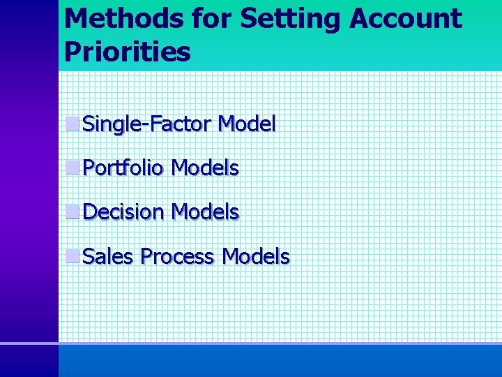 Methods for Setting Account Priorities n Single-Factor Model n Portfolio Models n Decision Models