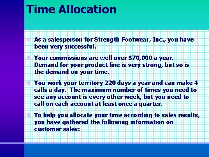 Time Allocation n As a salesperson for Strength Footwear, Inc. , you have been