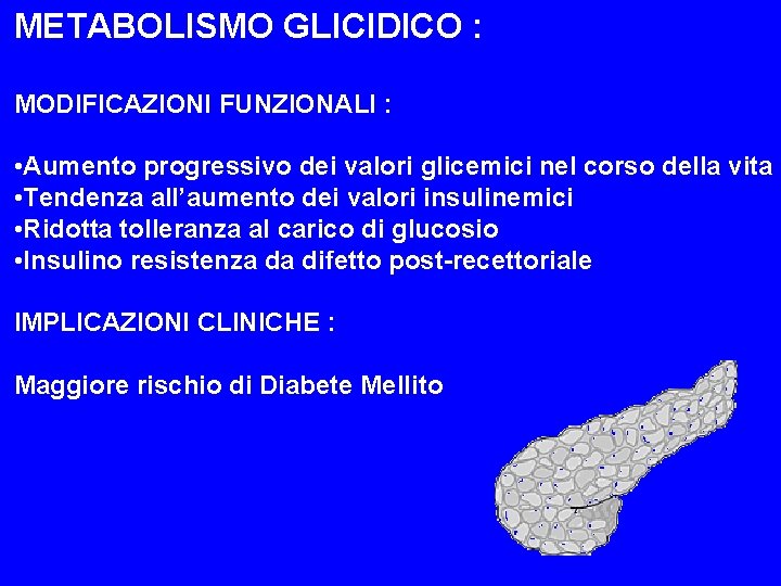 METABOLISMO GLICIDICO : MODIFICAZIONI FUNZIONALI : • Aumento progressivo dei valori glicemici nel corso