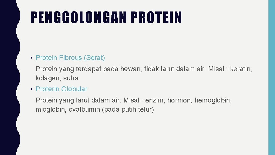 PENGGOLONGAN PROTEIN • Protein Fibrous (Serat) Protein yang terdapat pada hewan, tidak larut dalam