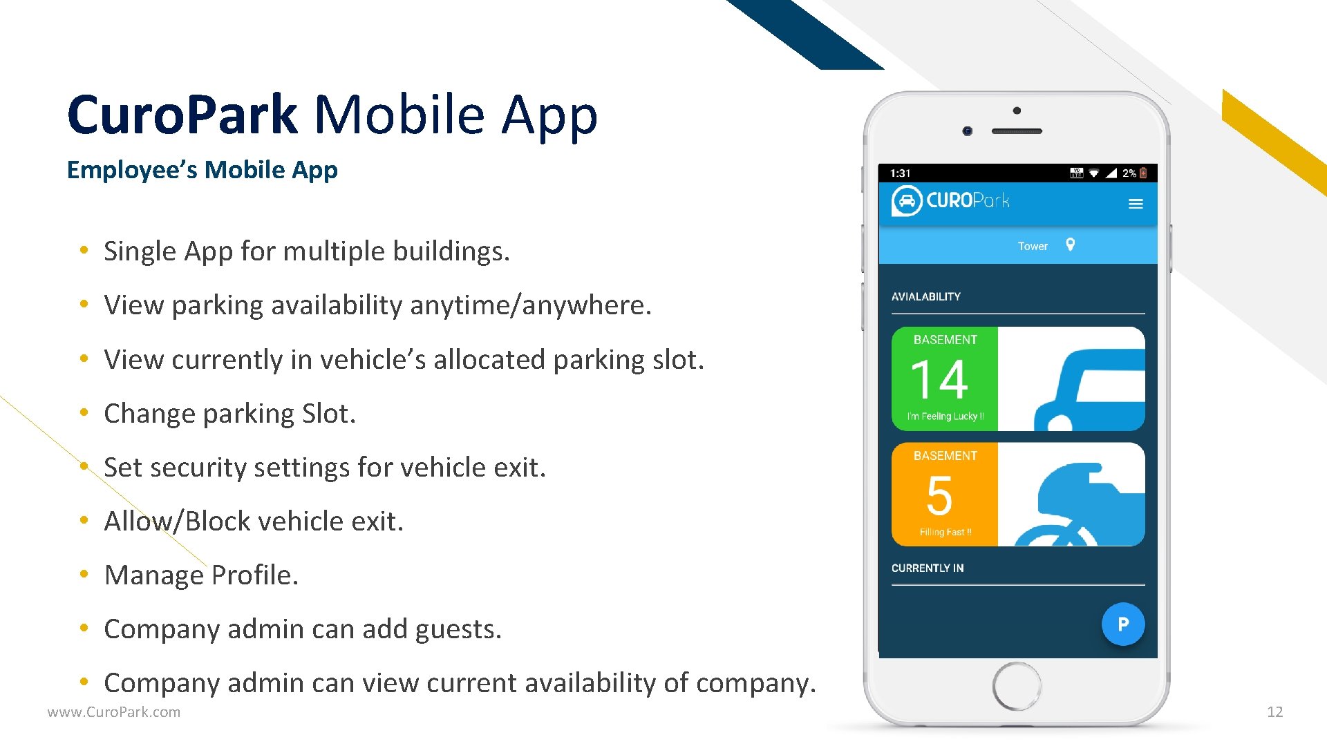 Curo. Park Mobile App FR Employee’s Mobile App • Single App for multiple buildings.
