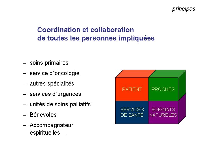 principes Coordination et collaboration de toutes les personnes impliquées – soins primaires – service