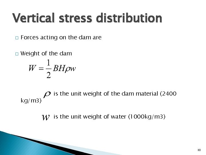 Vertical stress distribution � Forces acting on the dam are � Weight of the