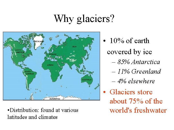 Why glaciers? • 10% of earth covered by ice – 85% Antarctica – 11%
