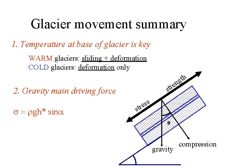 Glacier movement summary 1. Temperature at base of glacier is key WARM glaciers: sliding