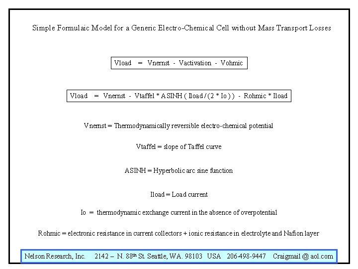 Simple Formulaic Model for a Generic Electro-Chemical Cell without Mass Transport Losses Vload =