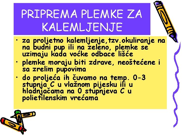 PRIPREMA PLEMKE ZA KALEMLJENJE • za proljetno kalemljenje, tzv. okuliranje na na budni pup