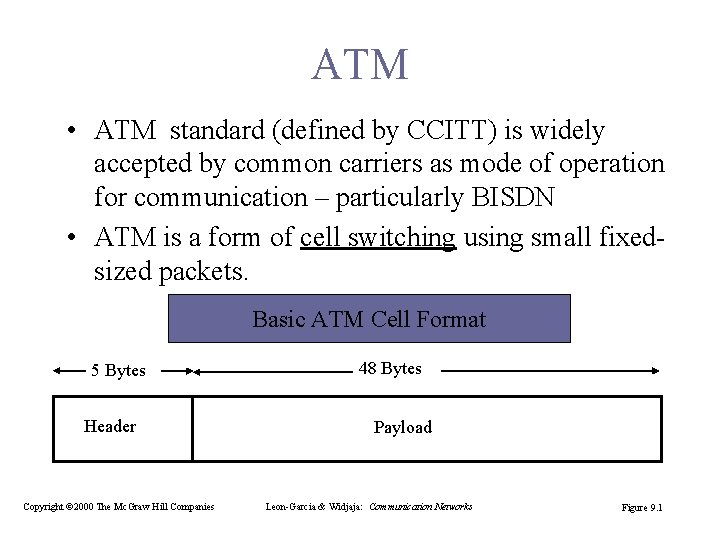 ATM • ATM standard (defined by CCITT) is widely accepted by common carriers as