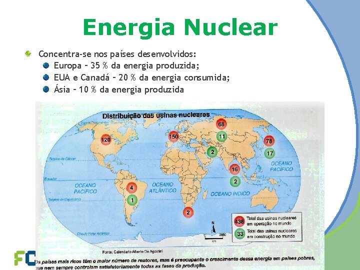 Energia Nuclear Concentra-se nos países desenvolvidos: Europa – 35 % da energia produzida; EUA