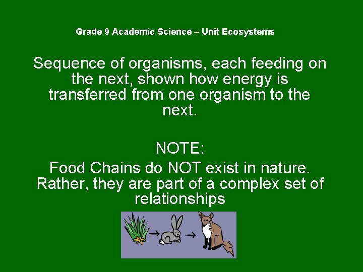 Grade 9 Academic Science – Unit Ecosystems Sequence of organisms, each feeding on the