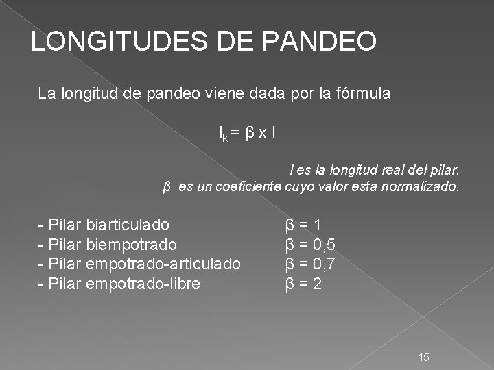 LONGITUDES DE PANDEO La longitud de pandeo viene dada por la fórmula lk =