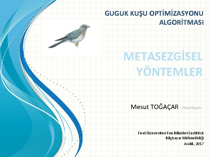 GUGUK KUŞU OPTİMİZASYONU ALGORİTMASI METASEZGİSEL YÖNTEMLER Mesut TOĞAÇAR Hazırlayan Fırat Üniversitesi Fen Bilimleri Enstitüsü
