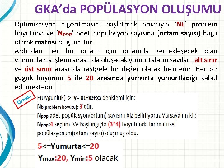 GKA’da POPÜLASYON OLUŞUMU Optimizasyon algoritmasını başlatmak amacıyla ‘Nb’ problem boyutuna ve ‘Npop’ adet popülasyon