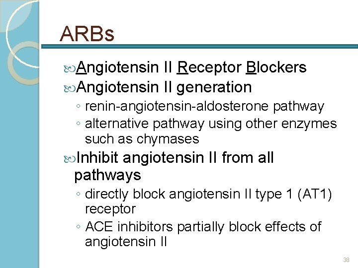 ARBs Angiotensin II Receptor Blockers Angiotensin II generation ◦ renin-angiotensin-aldosterone pathway ◦ alternative pathway
