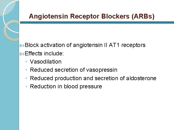 Angiotensin Receptor Blockers (ARBs) Block activation of angiotensin II AT 1 receptors Effects include: