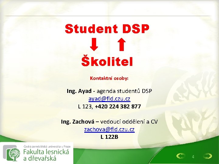 Student DSP Školitel Kontaktní osoby: Ing. Ayad - agenda studentů DSP ayad@fld. czu. cz