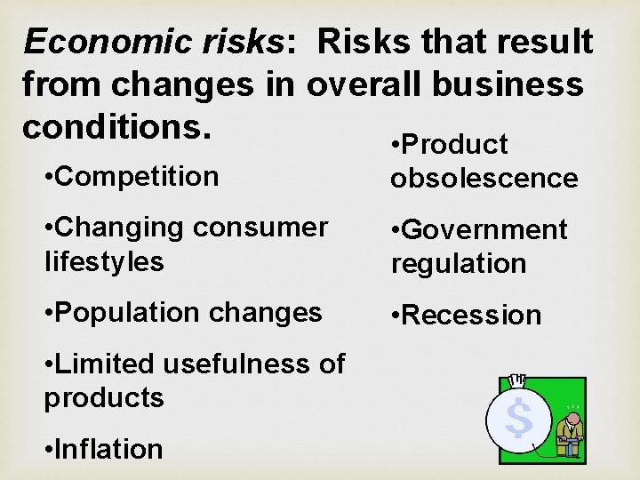 Economic risks: Risks that result from changes in overall business conditions. • Product • Economic risks: Risks that result from changes in overall business conditions. • Product •