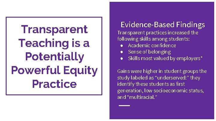 Transparent Teaching is a Potentially Powerful Equity Practice Evidence-Based Findings Transparent practices increased the