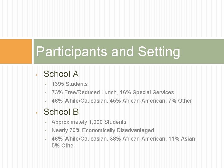 Participants and Setting • • School A • 1395 Students • 73% Free/Reduced Lunch,