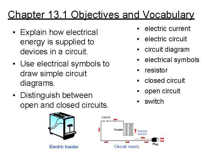 Chapter 13. 1 Objectives and Vocabulary • Explain how electrical energy is supplied to