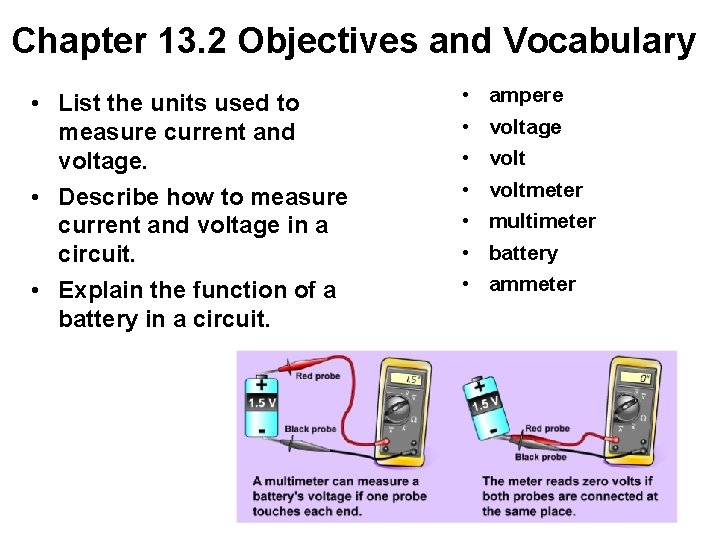 Chapter 13. 2 Objectives and Vocabulary • List the units used to measure current