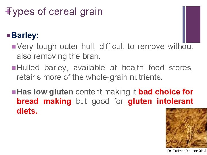 +Types of cereal grain n Barley: n Very tough outer hull, difficult to remove