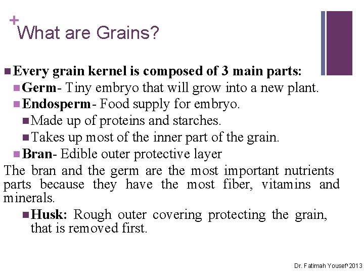 + What are Grains? n Every grain kernel is composed of 3 main parts: