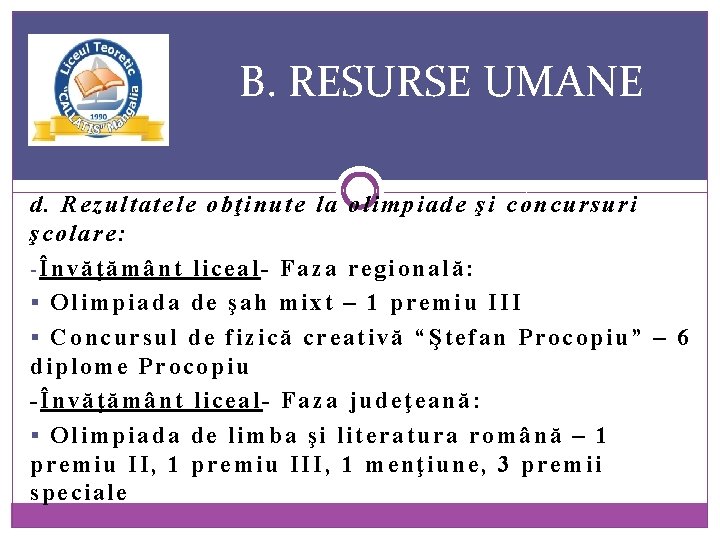 B. RESURSE UMANE d. Rezultatele obţinute la olimpiade şi concursuri şcolare: -Învăţământ liceal- Faza