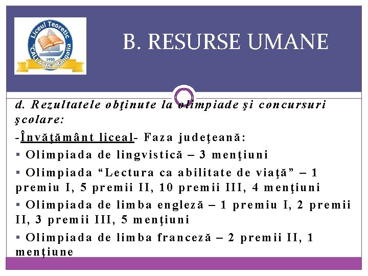 B. RESURSE UMANE d. Rezultatele obţinute la olimpiade şi concursuri şcolare: -Învăţământ liceal- Faza