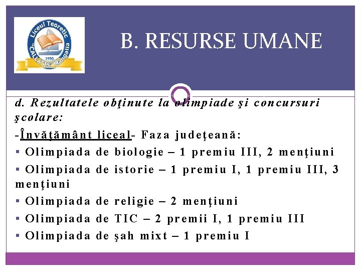 B. RESURSE UMANE d. Rezultatele obţinute la olimpiade şi concursuri şcolare: -Învăţământ liceal- Faza