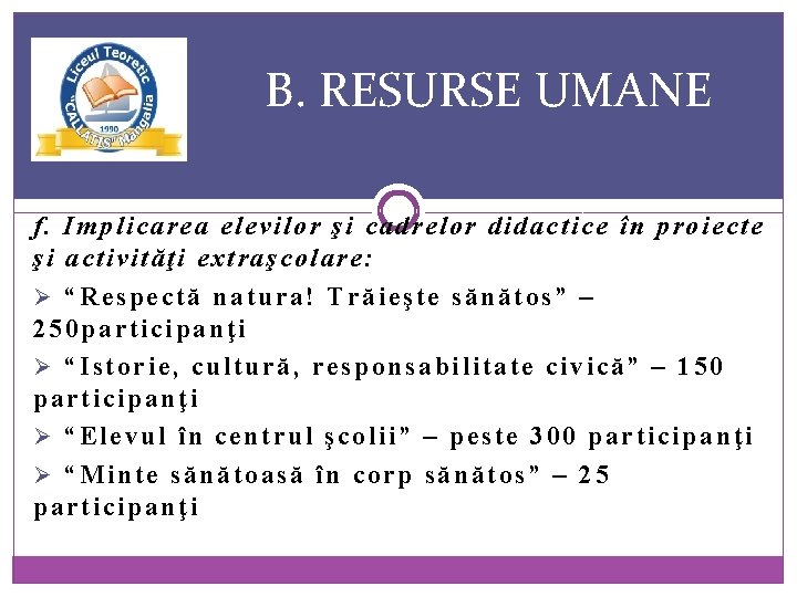 B. RESURSE UMANE f. Implicarea elevilor şi cadrelor didactice în proiecte şi activităţi extraşcolare: