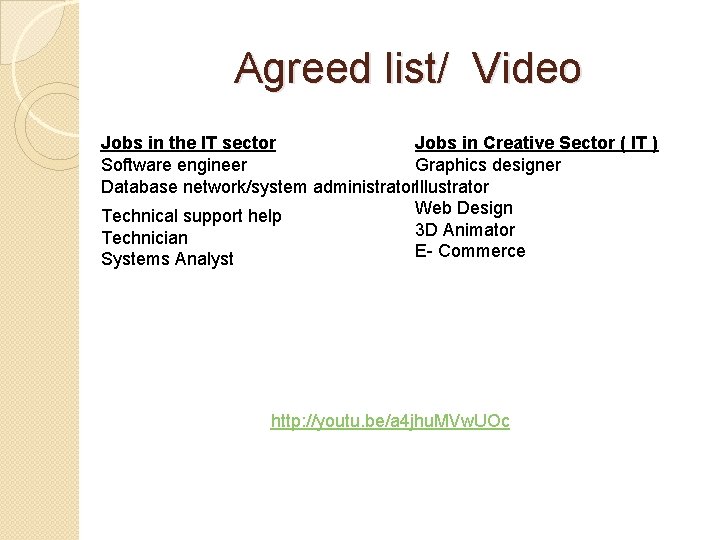 Agreed list/ Video Jobs in the IT sector Jobs in Creative Sector ( IT