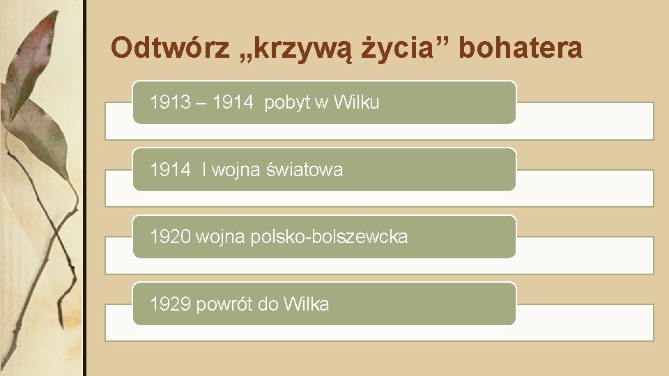 Odtwórz „krzywą życia” bohatera 1913 – 1914 pobyt w Wilku 1914 I wojna światowa