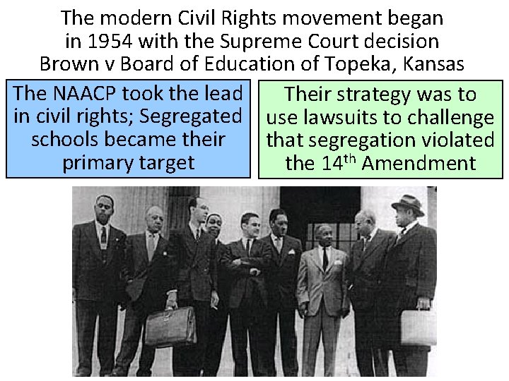 The modern Civil Rights movement began in 1954 with the Supreme Court decision Brown