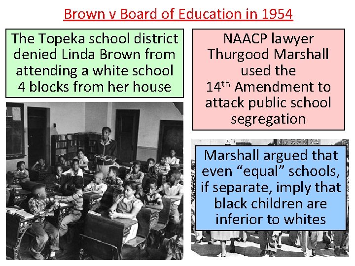 Brown v Board of Education in 1954 The Topeka school district denied Linda Brown