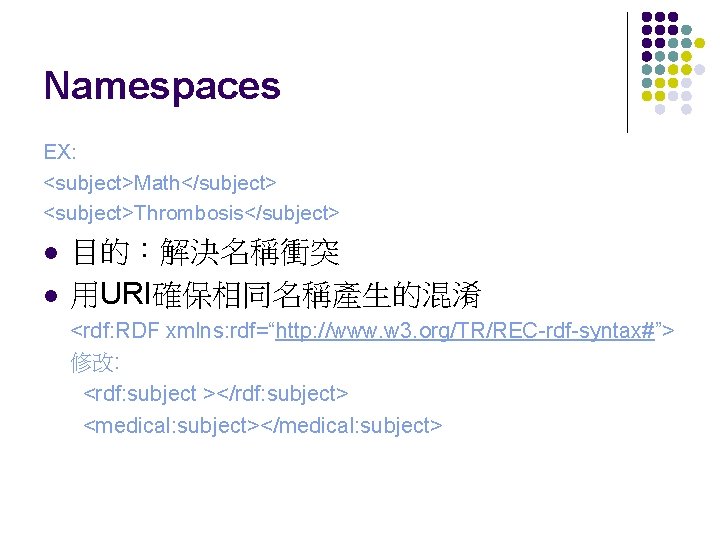 Namespaces EX: <subject>Math</subject> <subject>Thrombosis</subject> l l 目的：解決名稱衝突 用URI確保相同名稱產生的混淆 <rdf: RDF xmlns: rdf=“http: //www. w