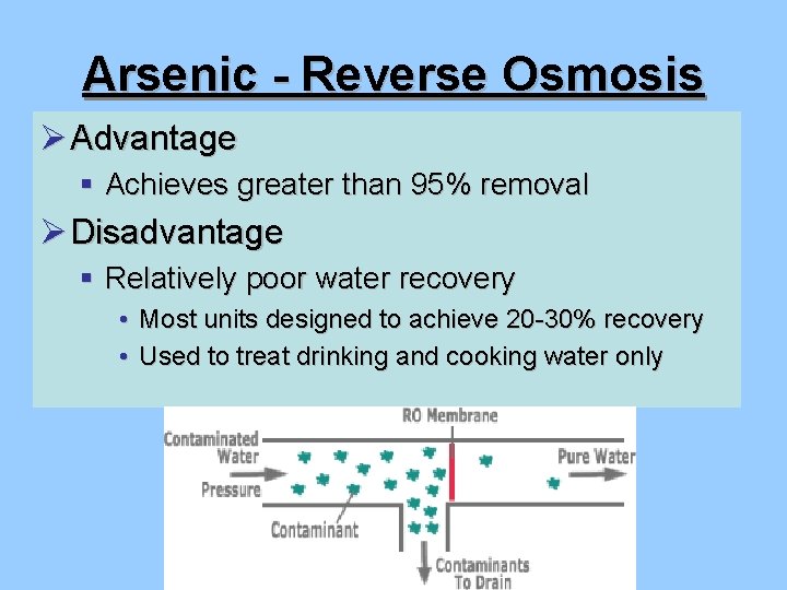 Arsenic - Reverse Osmosis Ø Advantage § Achieves greater than 95% removal Ø Disadvantage