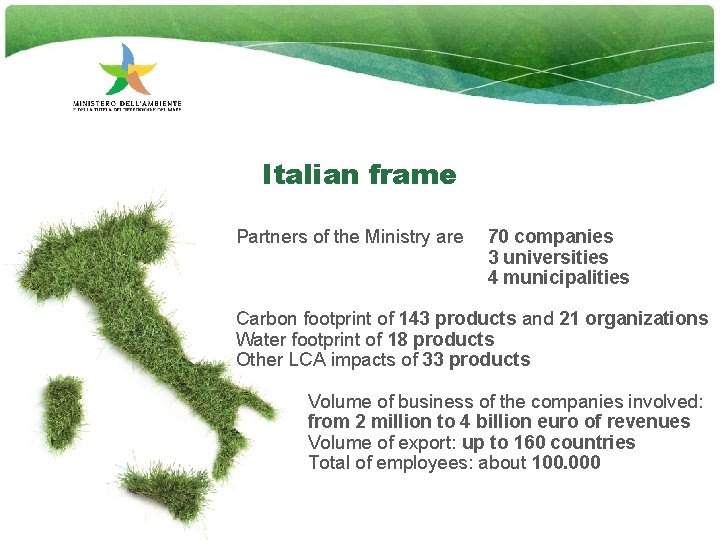 Italian frame Partners of the Ministry are 70 companies 3 universities 4 municipalities Carbon
