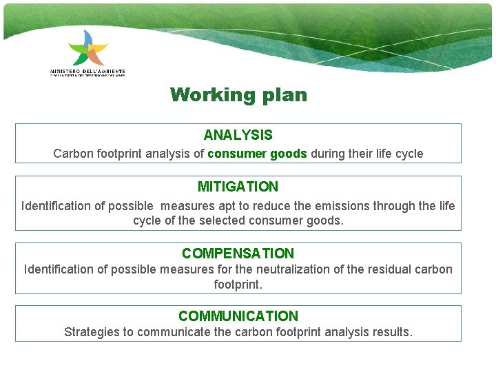 Working plan ANALYSIS Carbon footprint analysis of consumer goods during their life cycle MITIGATION