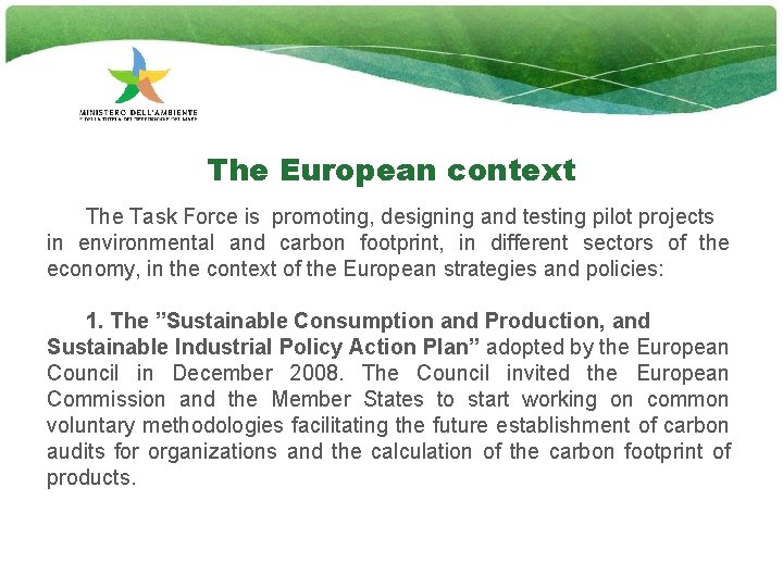 The European context The Task Force is promoting, designing and testing pilot projects in