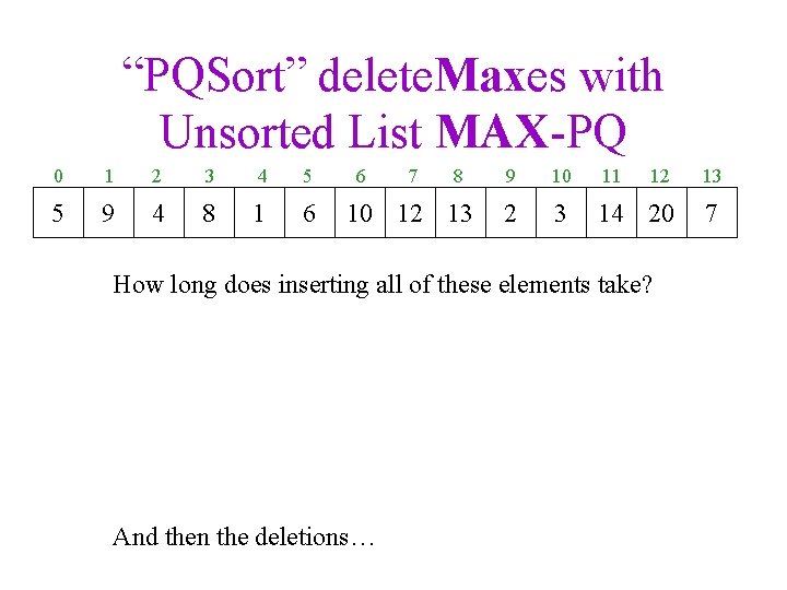 “PQSort” delete. Maxes with Unsorted List MAX-PQ 0 1 2 3 4 5 5