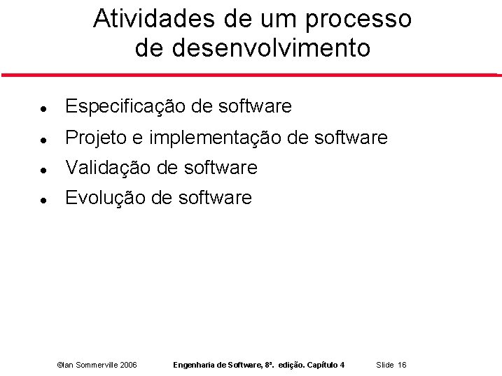 Atividades de um processo de desenvolvimento Especificação de software Projeto e implementação de software