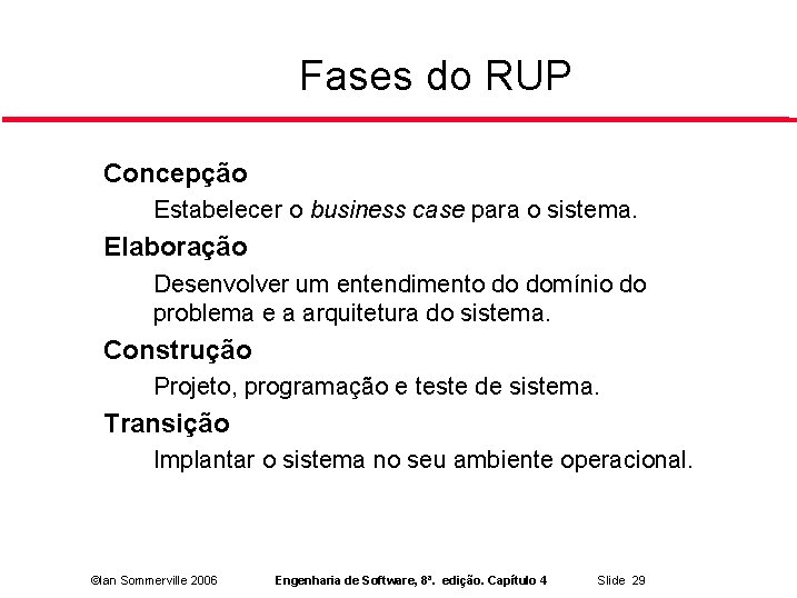 Fases do RUP Concepção • Elaboração • Desenvolver um entendimento do domínio do problema