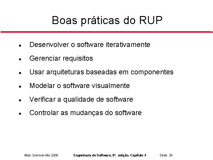 Boas práticas do RUP Desenvolver o software iterativamente Gerenciar requisitos Usar arquiteturas baseadas em